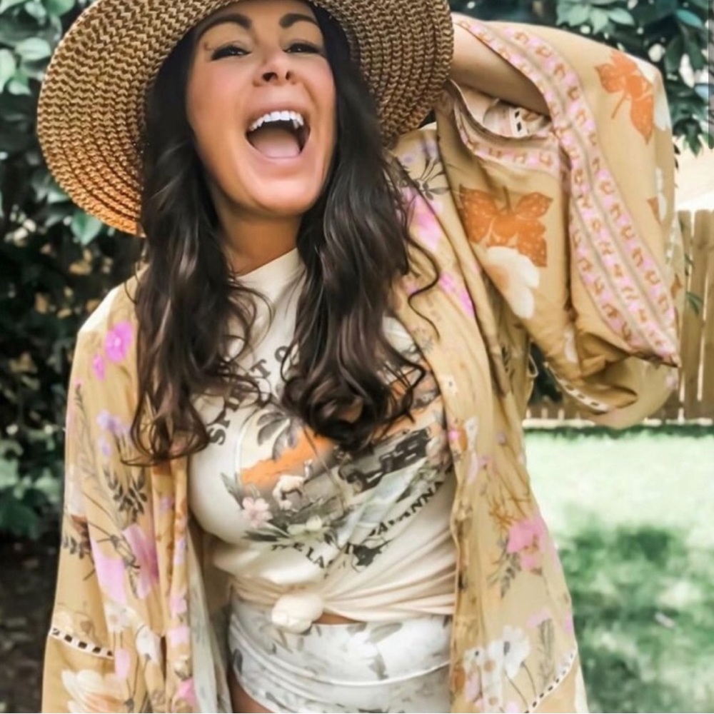 Floral Print Mustard Kimono Belted Beach cover up